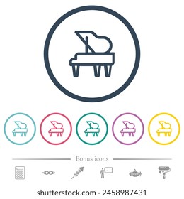 Grand piano outline flat color icons in round outlines. 6 bonus icons included.