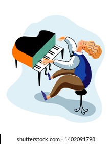 Grand piano player cartoon character. Composer playing instrument, improvisation performance. Classical music concert, jazz, blues music contest. Pianist flat vector retro illustration