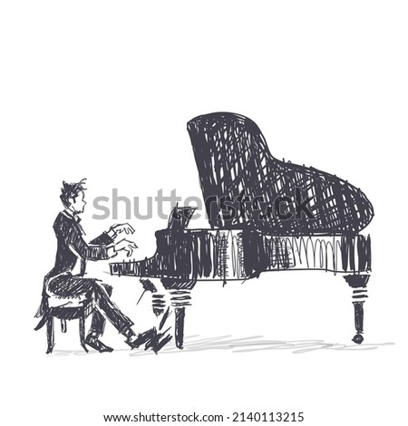 grand piano player pencil sketch