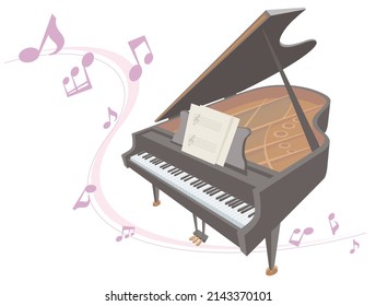 A grand piano playing music on isolated white background. Vector illustration in flat cartoon style.