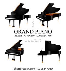 Grand piano. Grand piano realistic vector illustrations set.
Grand pianos in different view angle. Music key and notes.
Classical music concept.