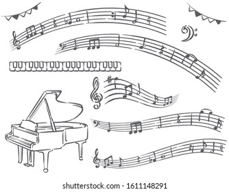 Grand piano and set of abstract musical notes. Vector illustration.