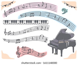 Grand piano and set of abstract musical notes. Vector illustration.