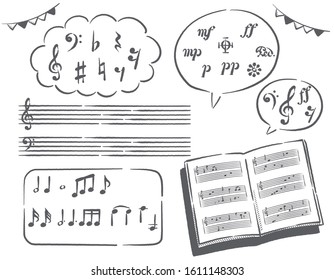 Grand piano and set of abstract musical notes. Vector illustration.