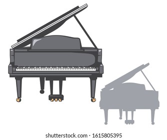 Grand piano set with a silhouette included. Vector illustration.