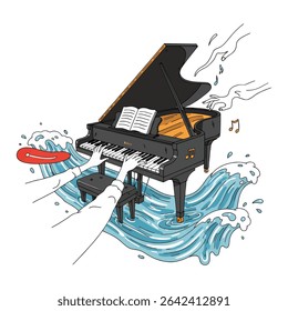 Um piano de cauda fica na água, sendo tocado por mãos desencarnadas, com notas musicais flutuando nas proximidades.