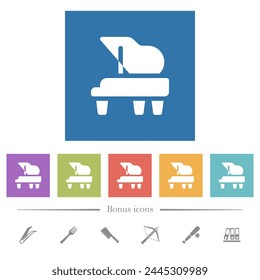 Grand piano solid flat white icons in square backgrounds. 6 bonus icons included.