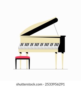 Grand Piano And Stool In Flat Vector Illustration Symbolizing Music, Performance, And Classical Concerts, Isolated On White Background