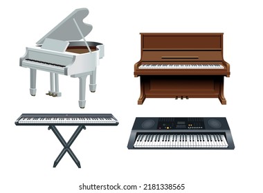 piano de cola, piano, sintetizador aislado de fondo blanco. Instrumentos de teclado de música.Ilustración vectorial.