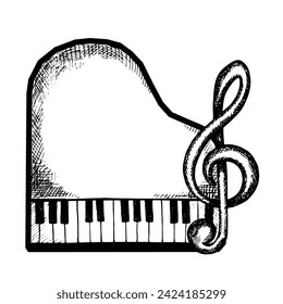 Grand piano, top view, with treble clef. Graphic vector black and white illustration. Highlight it. For posters, flyers and invitation cards. For banners and postcards. For logos, badges, stickers.