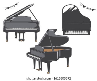 Grand piano from various directions. Vector illustration.