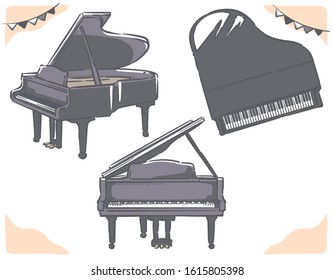 Grand piano from various directions. Vector illustration.