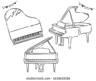 Grand piano from various directions. Vector illustration.