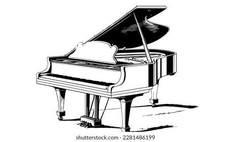 Grand piano vector black line illustration isolated white. Sketch art