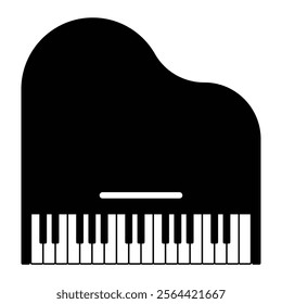 Grand piano vector icon. Musical keyboard instrument symbol for music, concerts, and classical performance design. Black silhouette isolated on white background.