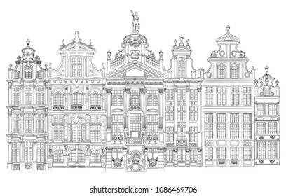 Grand Place in Brussels, Belgium. Landmark of Belgium. Vector hand drawing illustration in black color isolated on white background.