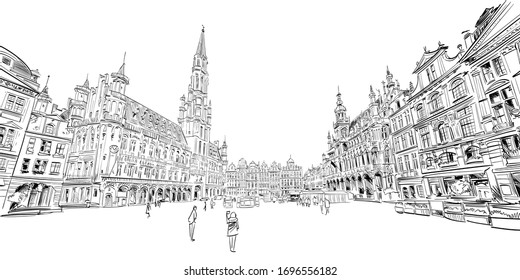 Grand Place, Grote Markt. Brussels. Belgium. Hand drawn urban sketch. Vector illustration.