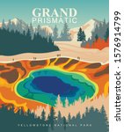 Grand Prismatic Spring on vector colorful poster. Yellowstone national park