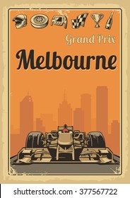 Grand Prix Melbourne Formula 1. Set symbols racing sport car, cup, helmet, finish flag, wheel, champagne. Vector flat illustration