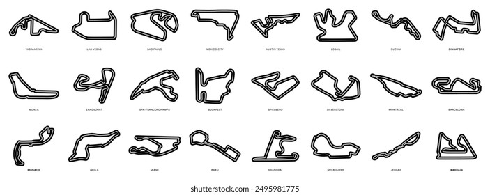 Grand Prix Racing Circuits Set. Collection of GP Race Track Illustrations with Editable Stroke. Formula Racing Circuit Vectors.