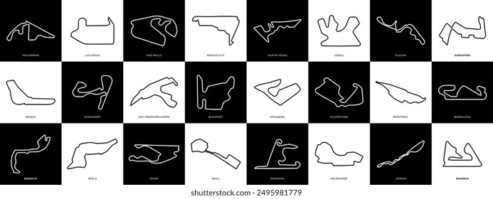 Grand Prix Rennstrecken Set. Kollektion von GP Race Track Illustrationen mit editierbarem Strich. Formel-Renn-Schaltkreis-Vektoren.