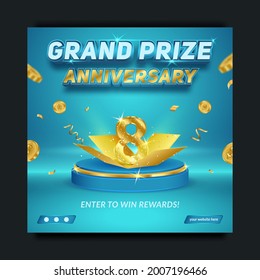 Grand prize anniversary blue and gold, social media banner template