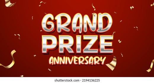 Grand Prize anniversary gold and silver text effect with red background and confetti