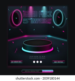 Grand prize anniversary neon gaming style social media banner template