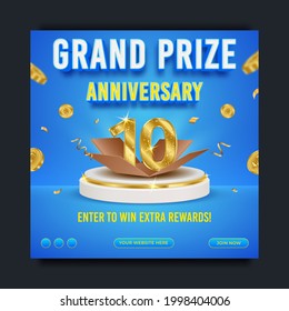 Grand prize anniversary social media banner template, realistic podium and flying gold coin, vector illustration.