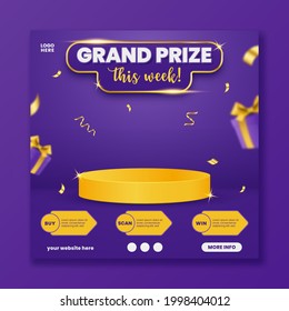 Grand prize announcement social media template with podium and flying gift box, vector illustration. - Shutterstock ID 1998404012