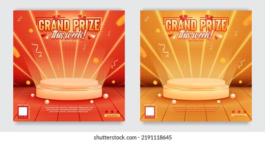 Grand prize announcement social media template with podium and flying golds coin, vector illustration.