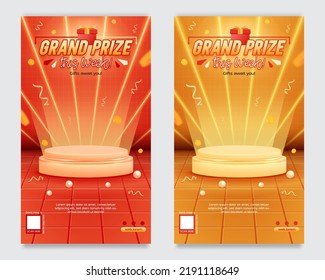 Grand Prize Announcement Social Media Story Template With Podium And Flying Golds Coin, Vector Illustration.