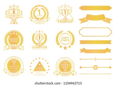 Grand Prize Award Certificates And Ribbons In Gold. Round Seals That Approve Win. Decorative Elements For Champions Diploma Vector Illustrations Set.