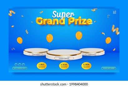 Grand prize horizontal banner template with podium and balloons.