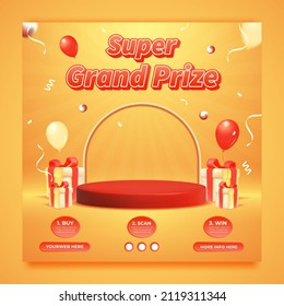 Grand prize invitation contest social media template, 3d podium and gift box