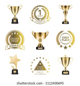 Grand prize winner collection with headlines, banners golden cups on pedestal, laurel leaves and branches, decorative stars set vector illustration