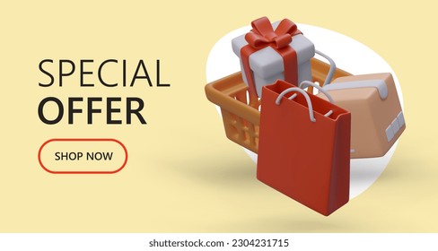 Grand promotion, special offer for customers. Time to get presents. Bonuses, surprises, free products for users. Temporary promotion, profitable offer. Advertising template with 3D elements