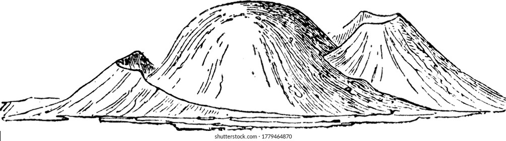 Grand Puy of Sarcoui, composed of trachyte and rising between two breached scoria cones. It is located in Auvergne, France, vintage line drawing or engraving illustration.