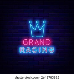 Grand racing neon announcement with crown. Royal auto event. Car tournament. Vector stock illustration