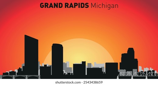 Horizonte de la ciudad de Grand Rapids con siluetas de edificios con el telón de fondo de un Grande sol amarillo y cielo naranja. Vector en el fondo de la puesta del sol