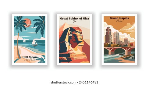 Grand Rapids, Michigan, Great Sphinx of Giza, Half Moon State Beach - Vintage travel poster. Vector illustration. High quality prints