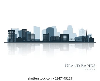 Grand Rapids skyline silhouette with reflection. Landscape Grand Rapids, Michigan. Vector illustration.