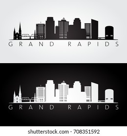 Grand Rapids USA skyline and landmarks silhouette, black and white design, vector illustration.