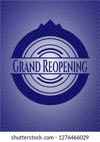 Grand Reopening badge with denim background