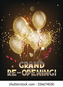 Grand re-opening banner with transparent balloons, ticker tapes and gold confetti