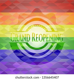 Grand Reopening emblem on mosaic background with the colors of the LGBT flag