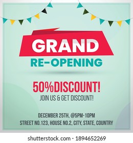 Grand Reopening Invitation Poster With 50% Discount For Facebook Marketing. Join Us We Are Reopening Poster With 50% Discount. Simple Grand Opening Post For Social Media.