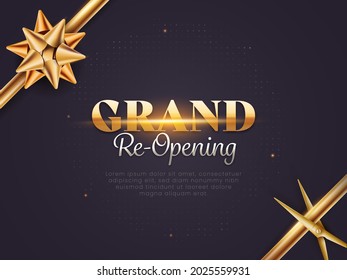 Grand Re-Opening Invitation Poster Layout With Golden Flower Ribbon And Scissor On Dark Puprle Background.