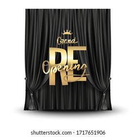 Grand reopening poster with black elegant curtain and gold lettering. Vector illustration