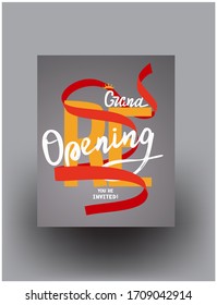 Grand reopening poster with curly ribbon and lettering. Vector illustration